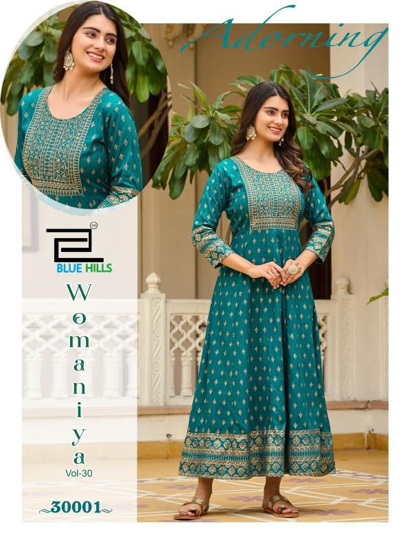 Blue Hills Womaniya Vol 30 Rayon Foil Printed Anarkali Kurti Collection